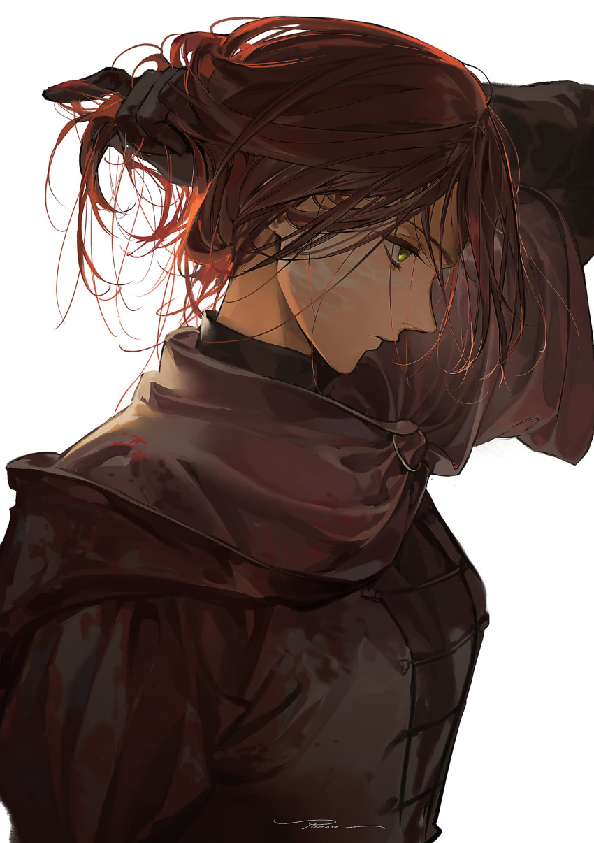 1girl, black_gloves, blood, blood_on_clothes, brown_capelet, capelet, closed_mouth, commentary, dress, elden_ring, english_commentary, from_side, gloves, grey_dress, hand_in_own_hair, highres, millicent_(elden_ring), profile, redhead, ruint, scar, scar_on_face, short_hair, simple_background, solo, tying_hair, white_background, yellow_eyes