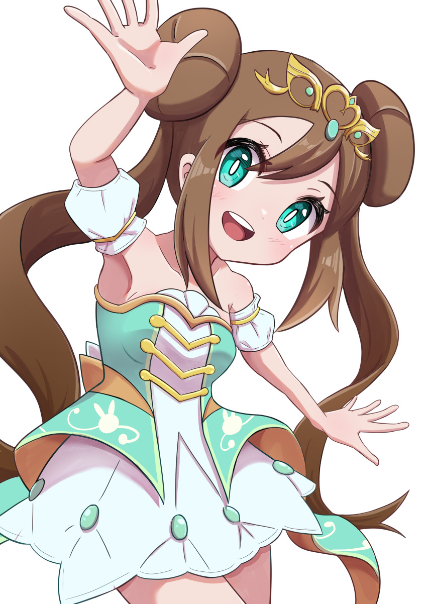 1girl, :d, absurdres, armpits, bare_shoulders, blue_eyes, brown_hair, double_bun