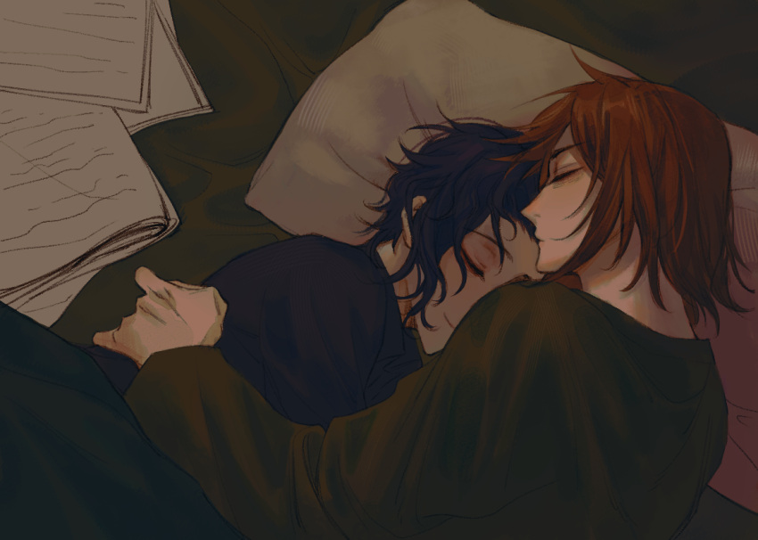 2boys, blue_hair, blue_shirt, brown_hair, chinese_commentary, closed_eyes, closed_mouth, commentary_request