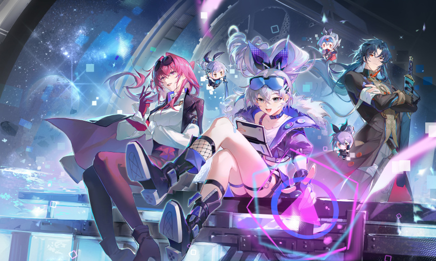 1boy, 5girls, :d, absurdres, ankle_boots, arm_strap, baofandxy, black_coat, black_footwear, black_gloves, blade_(honkai:_star_rail), blue_hair, boots, chibi, chinese_commentary, coat, collar, collarbone, collared_coat, collared_shirt, cropped_jacket, crossed_arms, crossed_bangs, crossed_legs, curly_hair, diffraction_spikes, ear_piercing, eyewear_on_head, fingerless_gloves, fishnets, floating, floating_clothes, floating_hair, from_side, fur-trimmed_coat, fur-trimmed_jacket, fur_trim, gloves, glowing, grey_eyes, grey_hair, grey_pants, hair_ornament, hair_ribbon, hairclip, hand_up, highres, holding, holding_tablet_pc, holographic_interface, honkai:_star_rail, honkai_(series), index_finger_raised, jacket, kafka_(honkai:_star_rail), lapel_pin, long_hair, long_sleeves, looking_at_viewer, mini_person, minigirl, multiple_girls, multiple_persona, open_mouth, pants, pantyhose, parted_bangs, parted_lips, piercing, pink_hair, planet, purple_collar, purple_gloves, purple_jacket, purple_pantyhose, red_eyes, ribbon, round_eyewear, shirt, silver_wolf_(honkai:_star_rail), sitting, sky, smile, space, sparkle, standing, star_(sky), starry_sky, sunglasses, tablet_pc, thigh_strap, violet_eyes, white_shirt