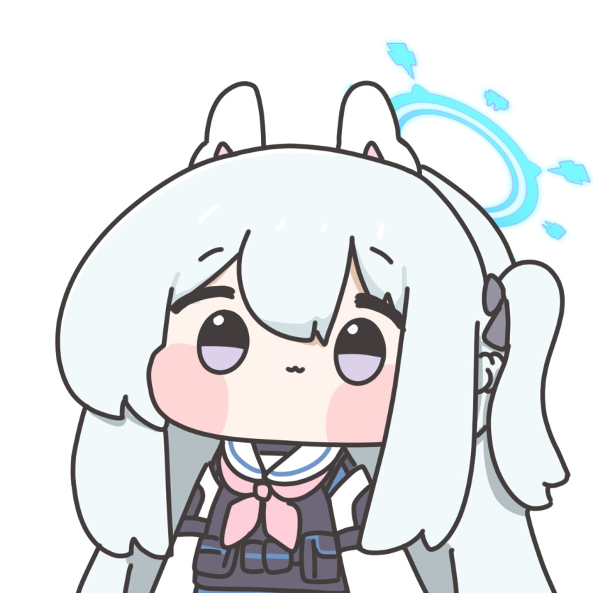 1girl, :3, animal_ears, asymmetrical_bangs, black_undershirt, blue_archive, blue_halo, blue_serafuku, blush_stickers, bow, braid, chamsheol, chibi, closed_mouth, crown_braid, detached_sleeves, fake_animal_ears, hair_between_eyes, hair_bow, halo, highres, long_hair, miyako_(blue_archive), neckerchief, one_side_up, pink_neckerchief, plate_carrier, pouch, rabbit_ears, sailor_collar, school_uniform, serafuku, simple_background, solo, violet_eyes, white_background, white_hair, white_sailor_collar