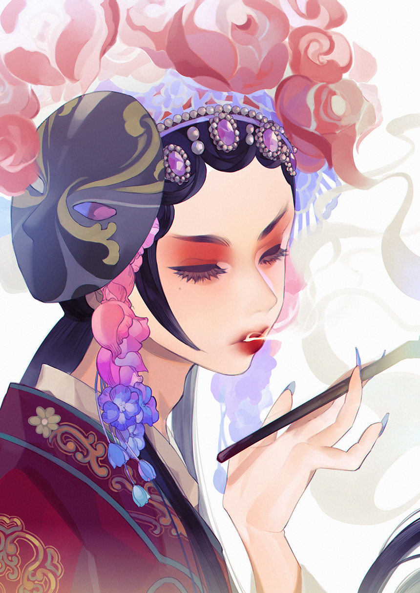 1other, adam's_apple, ambiguous_gender, black_hair, blowing_smoke, blue_nails, chinese_clothes, chinese_commentary