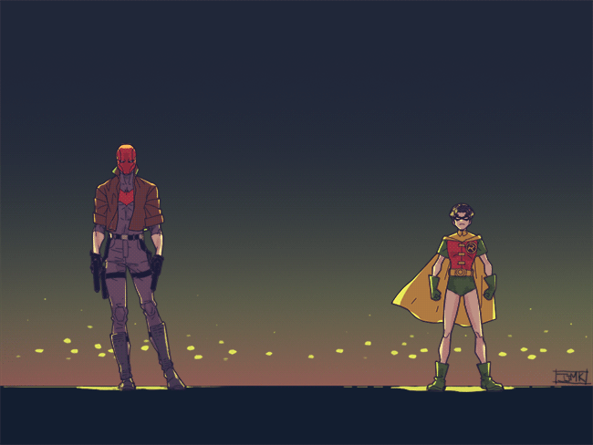 2boys, animated, animated_gif, batman_(series), black_bodysuit, black_footwear, black_gloves, black_hair