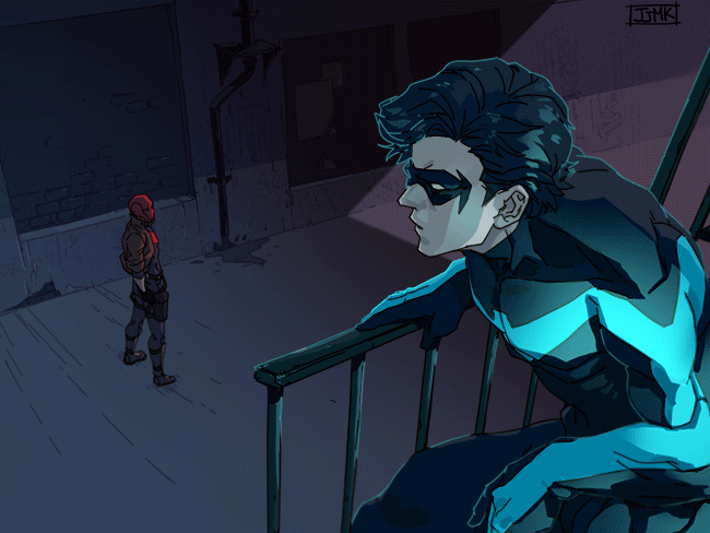2boys, animated, animated_gif, batman_(series), black_bodysuit, black_footwear, black_gloves, black_hair