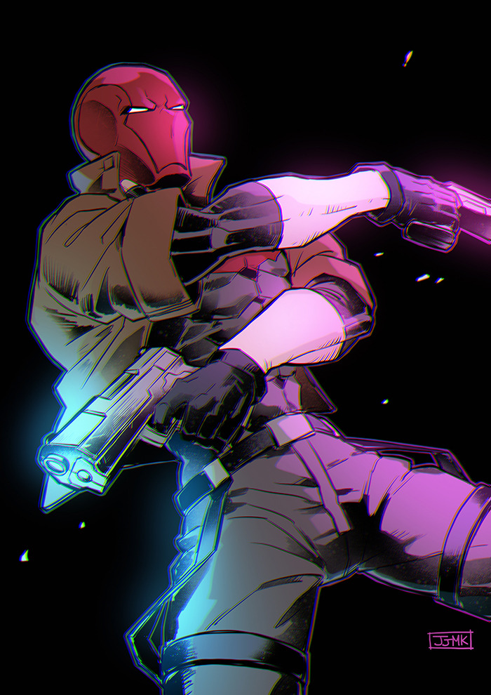 1boy, batman_(series), black_gloves, black_pants, bodysuit, brown_jacket, dc_comics, dual_wielding