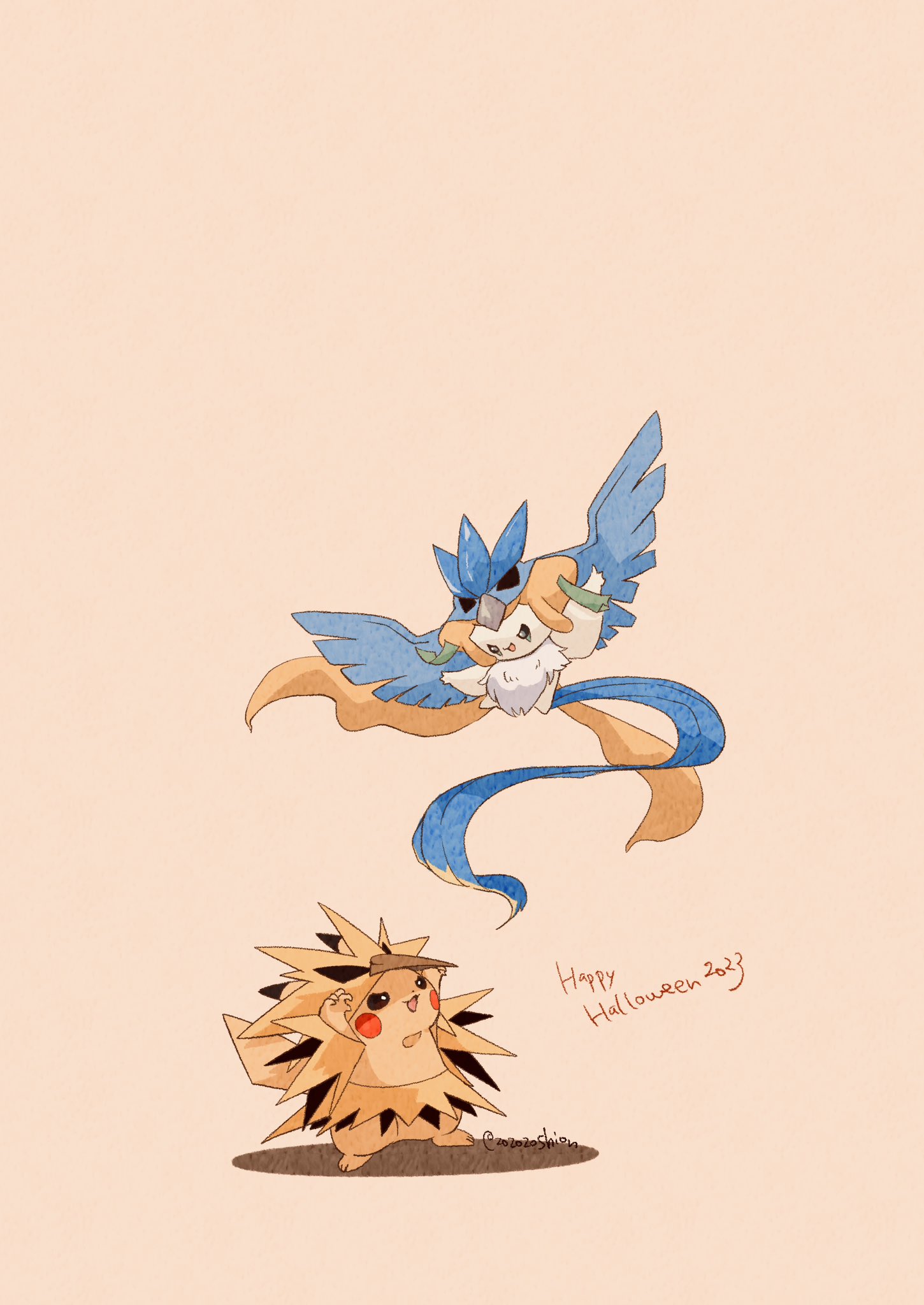 animal_focus, articuno, articuno_(cosplay), artist_name, colored_skin, commentary, cosplay, floating, halloween_costume, happy_halloween, highres, jirachi, no_humans, pikachu, pokemon, pokemon_(creature), simple_background, tail, tanzaku, twitter_username, v-shaped_eyebrows, white_background, white_skin, yellow_skin, zapdos, zapdos_(cosplay), zozozoshion