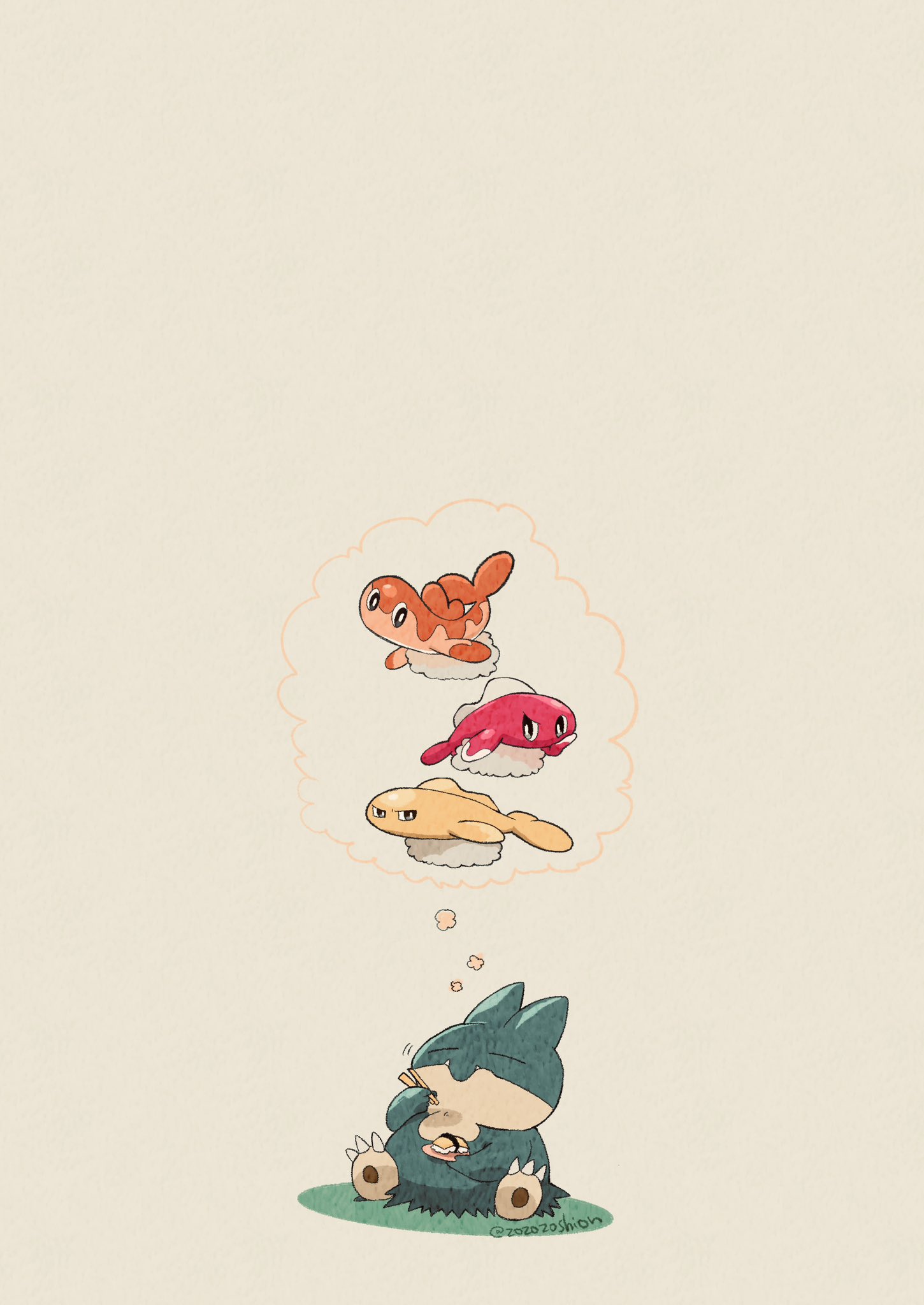 animal_focus, artist_name, chopsticks, closed_eyes, closed_mouth, commentary_request, eating, fangs
