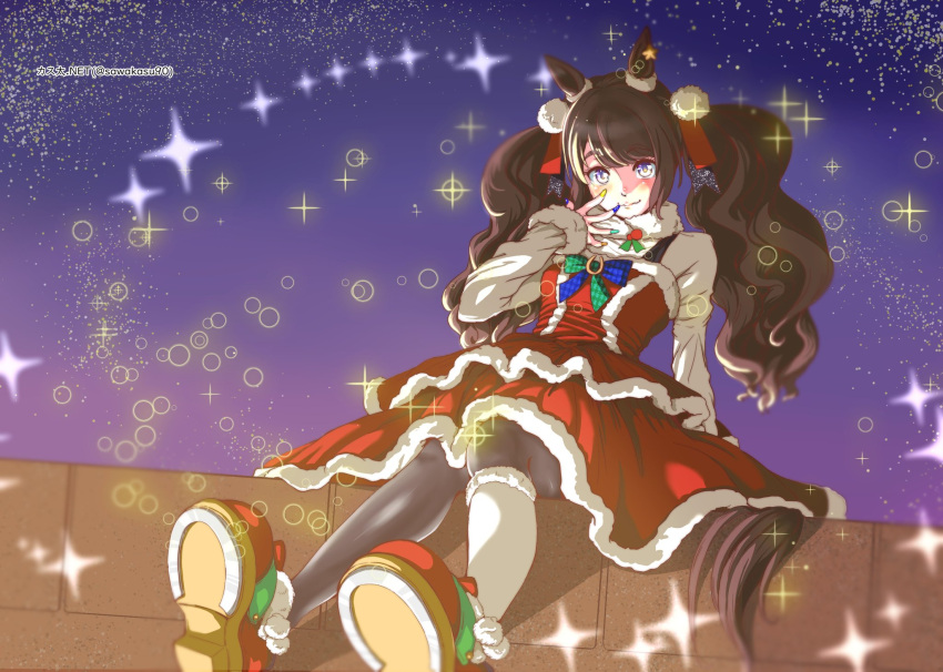 1girl, animal_ears, artist_name, black_pantyhose, blue_eyes, brown_hair, dress, fur-trimmed_sweater