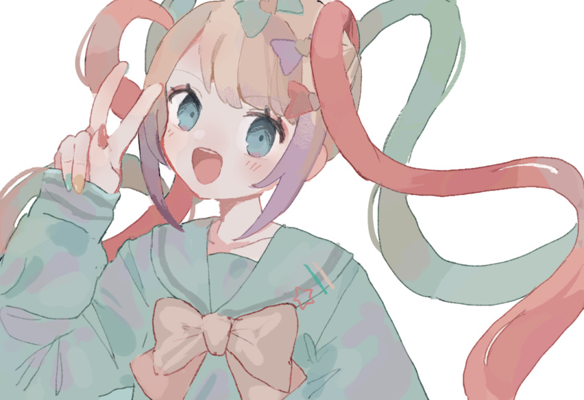 1girl, :d, blonde_hair, blue_bow, blue_eyes, blue_hair, blue_nails, blue_shirt