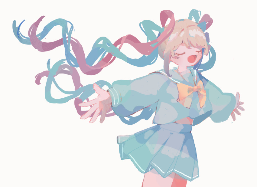 1girl, :d, blonde_hair, blue_hair, blue_shirt, blue_skirt, bow, chouzetsusaikawa_tenshi-chan