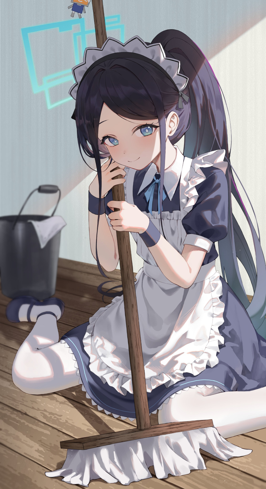 1girl, absurdres, apron, aris_(blue_archive), black_hair, blue_archive, blue_dress, blue_eyes, blue_footwear, blue_ribbon, blue_wristband, bucket, closed_mouth, dark_blue_dress, dress, flat_chest, hair_intakes, high_ponytail, highres, holding, holding_mop, indoors, long_hair, looking_at_viewer, maid, maid_apron, maid_headdress, mary_janes, mop, neck_ribbon, on_floor, parted_bangs, ponytail, puffy_short_sleeves, puffy_sleeves, rag, ribbon, shadow, shoes, short_sleeves, sidelighting, sidelocks, sitting, smile, solo, thigh-highs, wariza, white_thighhighs, wooden_floor, wristband, yeorem