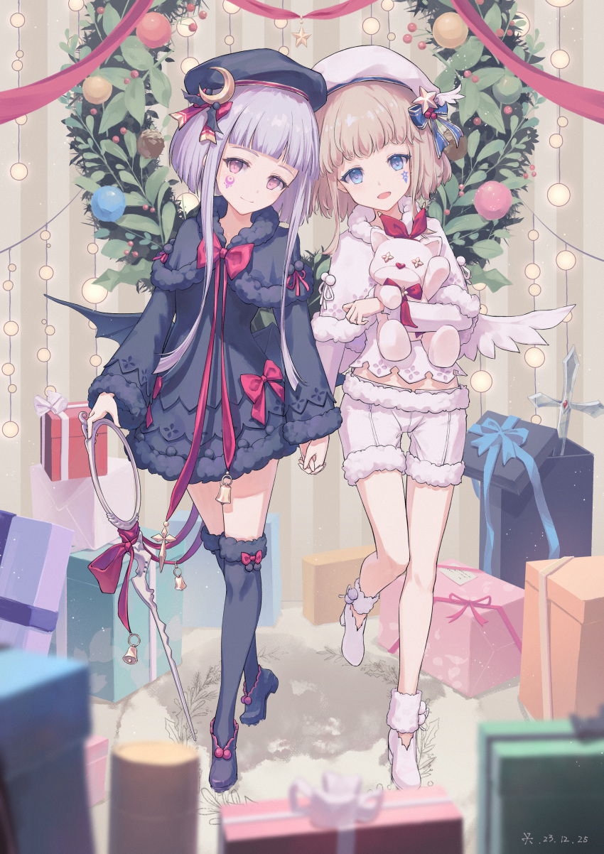 2girls, 34341211, :d, absurdres, arcaea, beret, black_capelet, black_dress