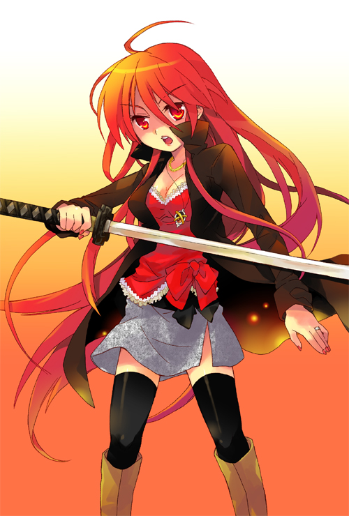 ahoge, boots, breasts, long_hair, red_eyes, red_hair, shakugan_no_shana, shana