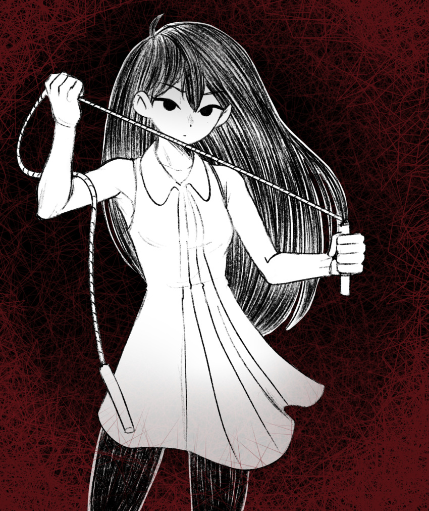 1girl, cabronpr, collared_dress, commentary, dress, expressionless, greyscale_with_colored_background, highres