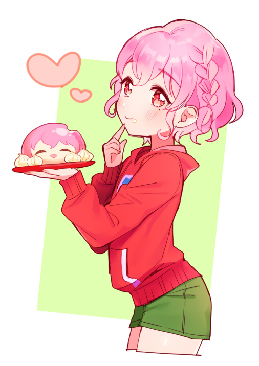 1boy, blush, braid, character_food, closed_mouth, cowboy_shot, cropped_legs, curly_hair