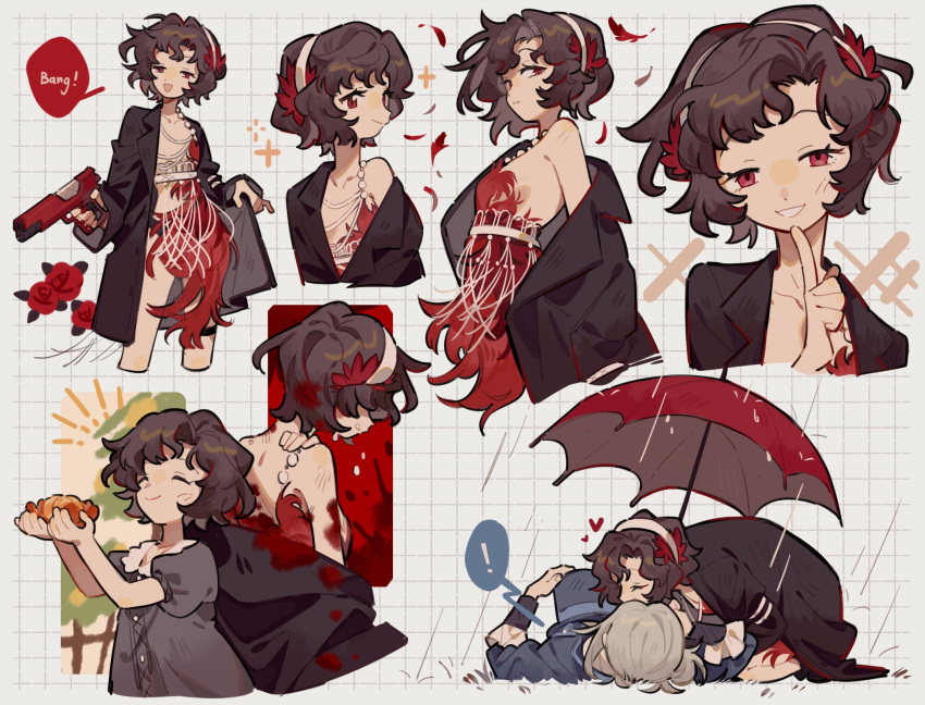 !, 2girls, aged_down, black_coat, blood, blood_on_clothes, blush, breasts
