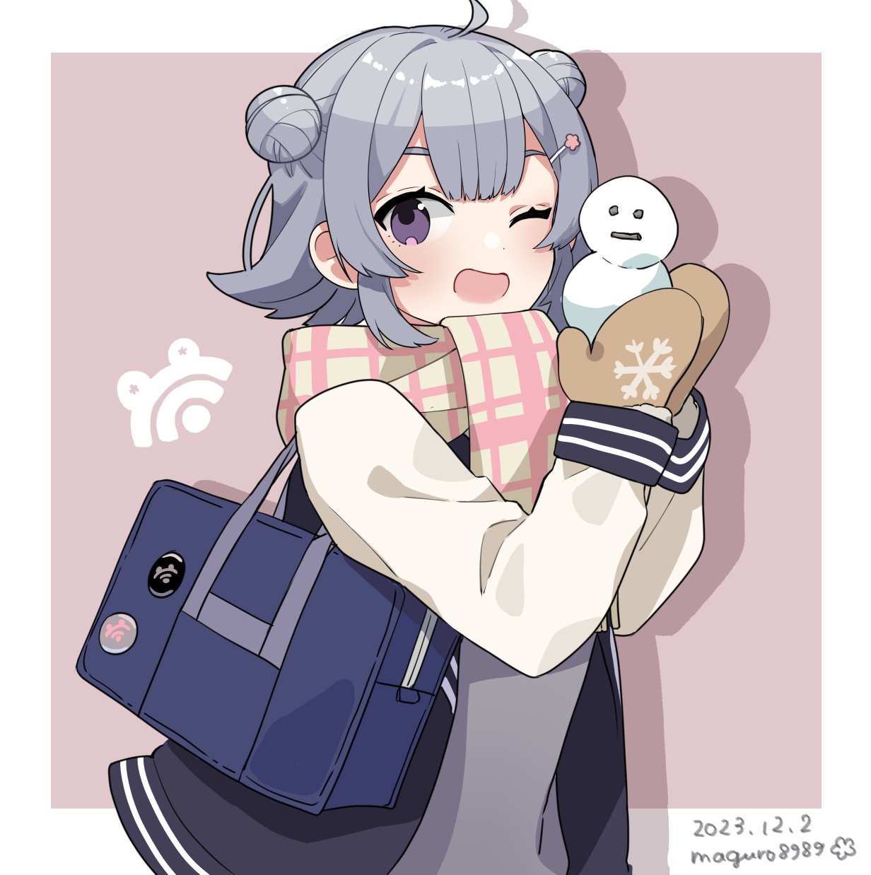 1girl, ahoge, bag, binchou_maguro, black_jacket, blazer, border, brown_mittens, cevio, commentary, dated, double_bun, drop_shadow, flipped_hair, grey_hair, grey_sweater, hair_bun, hair_ornament, hairclip, hands_up, highres, holding_snowman, jacket, koharu_rikka, long_sleeves, looking_at_viewer, mini_snowman, mittens, multicolored_clothes, multicolored_jacket, one_eye_closed, open_clothes, open_jacket, outside_border, pink_background, pink_scarf, plaid, plaid_scarf, scarf, school_bag, school_uniform, short_hair, shoulder_bag, sidelocks, simple_background, solo, sweater, symbol-only_commentary, synthesizer_v, twitter_username, two-tone_jacket, two-tone_scarf, upper_body, violet_eyes, white_border, white_sleeves, yellow_scarf