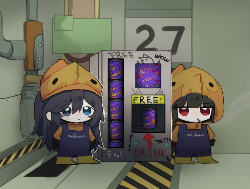 1boy, 1girl, black_hair, blue_eyes, can, chibi, cigarette, closed_mouth