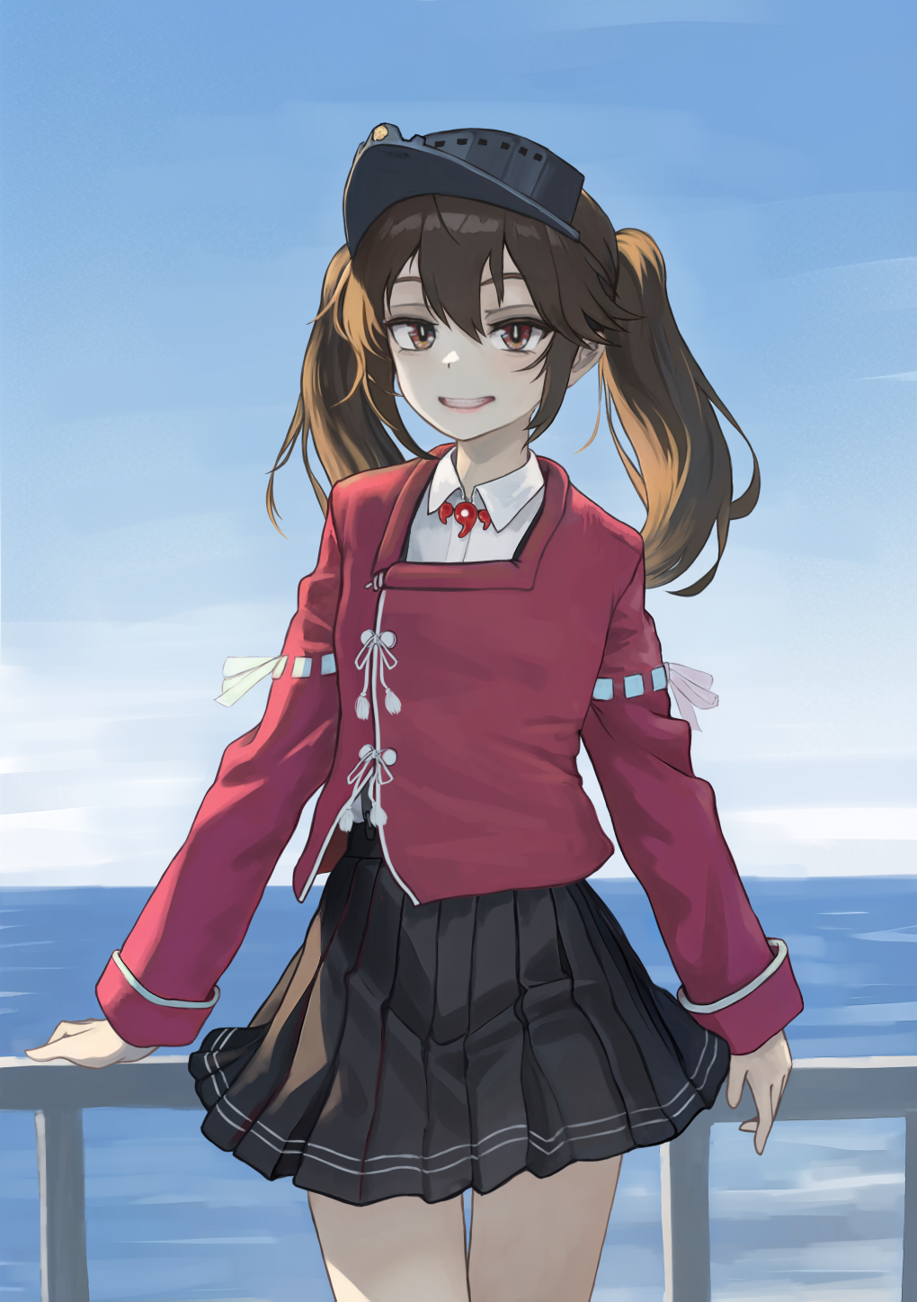 1girl, black_skirt, blue_sky, brown_eyes, brown_hair, clouds, collared_shirt, commentary_request, day, dress_shirt, highres, horizon, japanese_clothes, kantai_collection, kariginu, long_hair, magatama, nito_(nshtntr), ocean, open_mouth, outdoors, pleated_skirt, railing, red_shirt, ryuujou_(kancolle), shirt, skirt, sky, smile, solo, standing, twintails, visor_cap, white_shirt