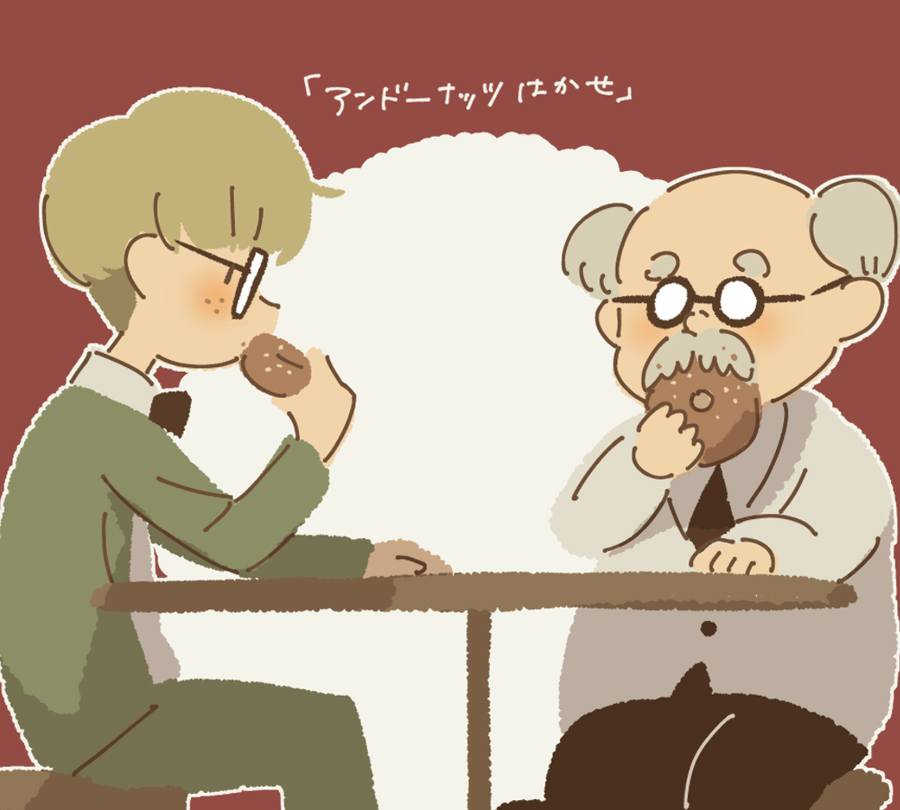 2boys, arm_on_table, balding, black_pants, bowl_cut, brown_hair, doughnut, dr._andonuts