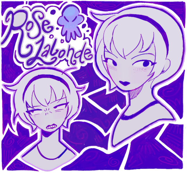 1girl, annoyed, beta_kids, black_lips, headband, homestuck, looking_to_the_side, non-web_source, pink_light, purple_background, rose_lalonde, short_hair, source_request, spiral