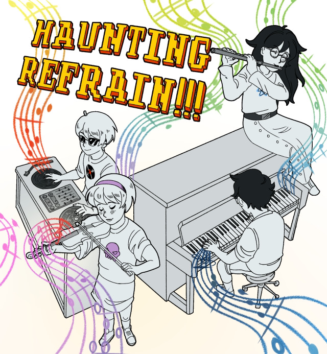 2girls, beta_kids, black_lips, dave_strider, dj, flute, homestuck, instrument, jade_harley, john_egbert, multiple_boys, multiple_girls, non-web_source, piano, rose_lalonde, source_request, violin