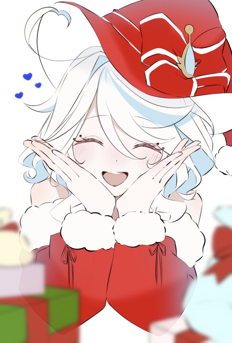 ahoge, bare_shoulders, christmas, curly_hair, fur-trimmed_sleeves, fur_trim, furina_(genshin_impact), genshin_impact