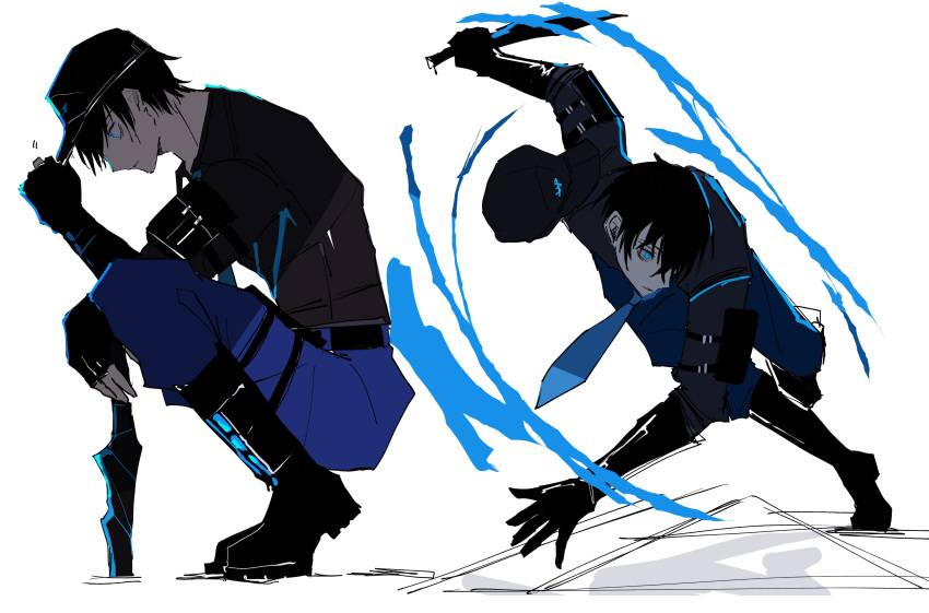 1boy, absurdres, arm_strap, attack, black_footwear, black_gloves, black_hair, black_shirt