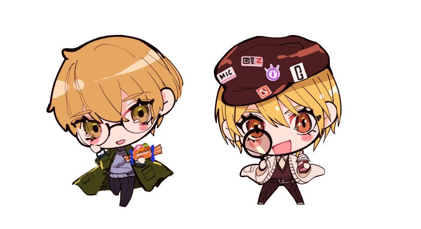1boy, 1girl, belt, black_belt, black_pants, blonde_hair, brown_headwear, cabbie_hat