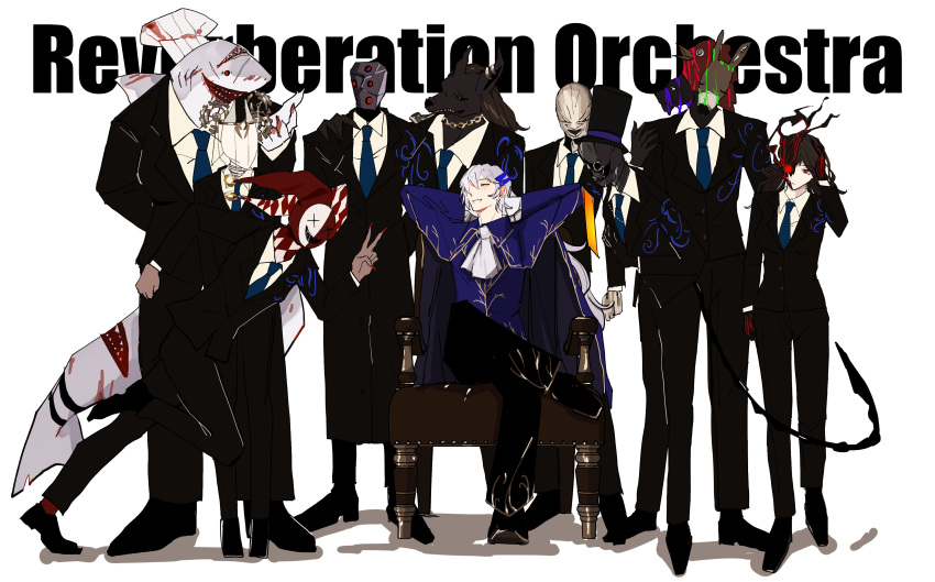 1other, 3girls, 6+boys, absurdres, animal_head, argalia_(project_moon), arms_up, ascot
