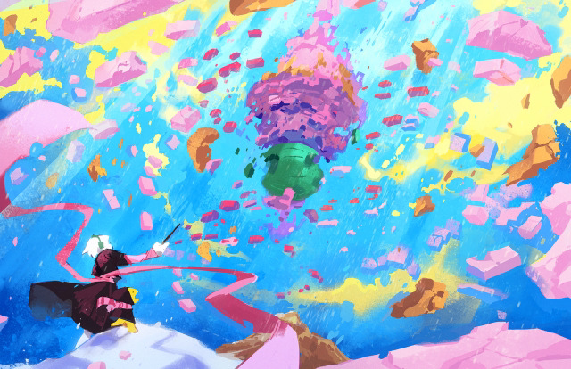 1girl, black_dress, blue_sky, dress, green_headphones, headband, homestuck, knitting_needle, long_belt, needle, non-web_source, rose_lalonde, short_hair, sky, source_request