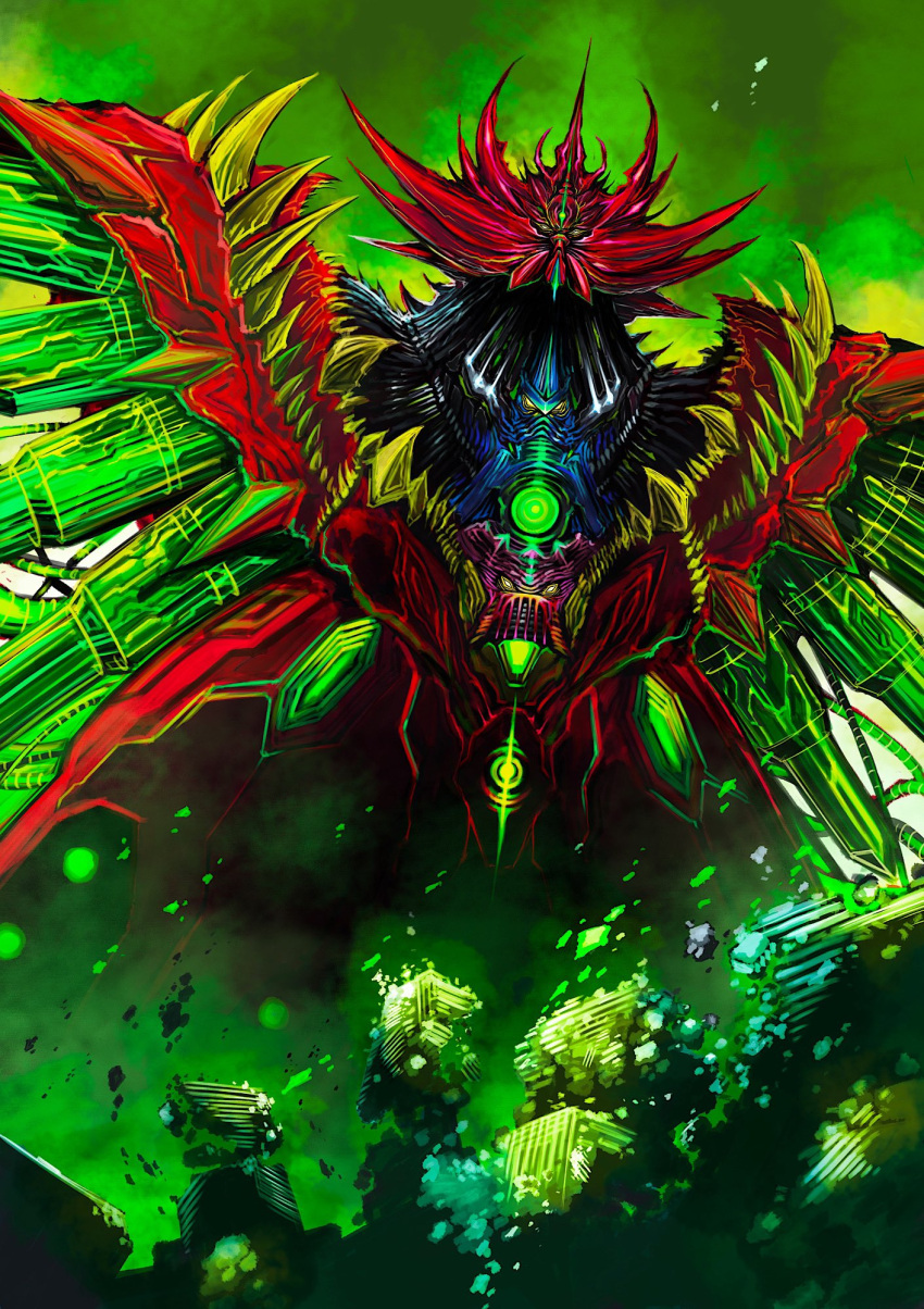 armor, aura, biomechanical, christmas, city, cityscape, destruction, disintegration