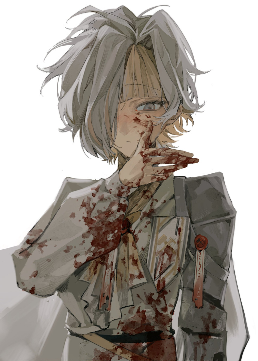 1girl, blood, blood_on_clothes, blood_on_face, blood_on_hands, cowboy_shot, hair_over_one_eye, highres