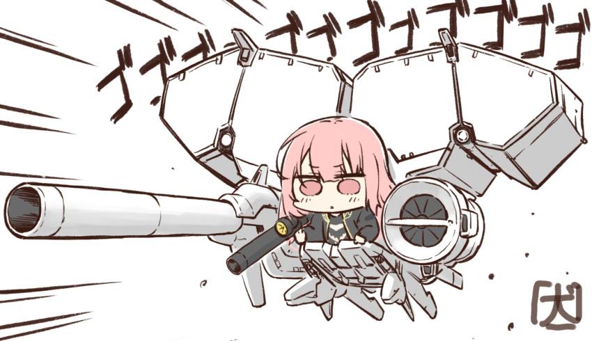 1girl, akanotanin13, arknights, bazooka_(gundam), cannon, chibi, dendrobium_schema, gundam