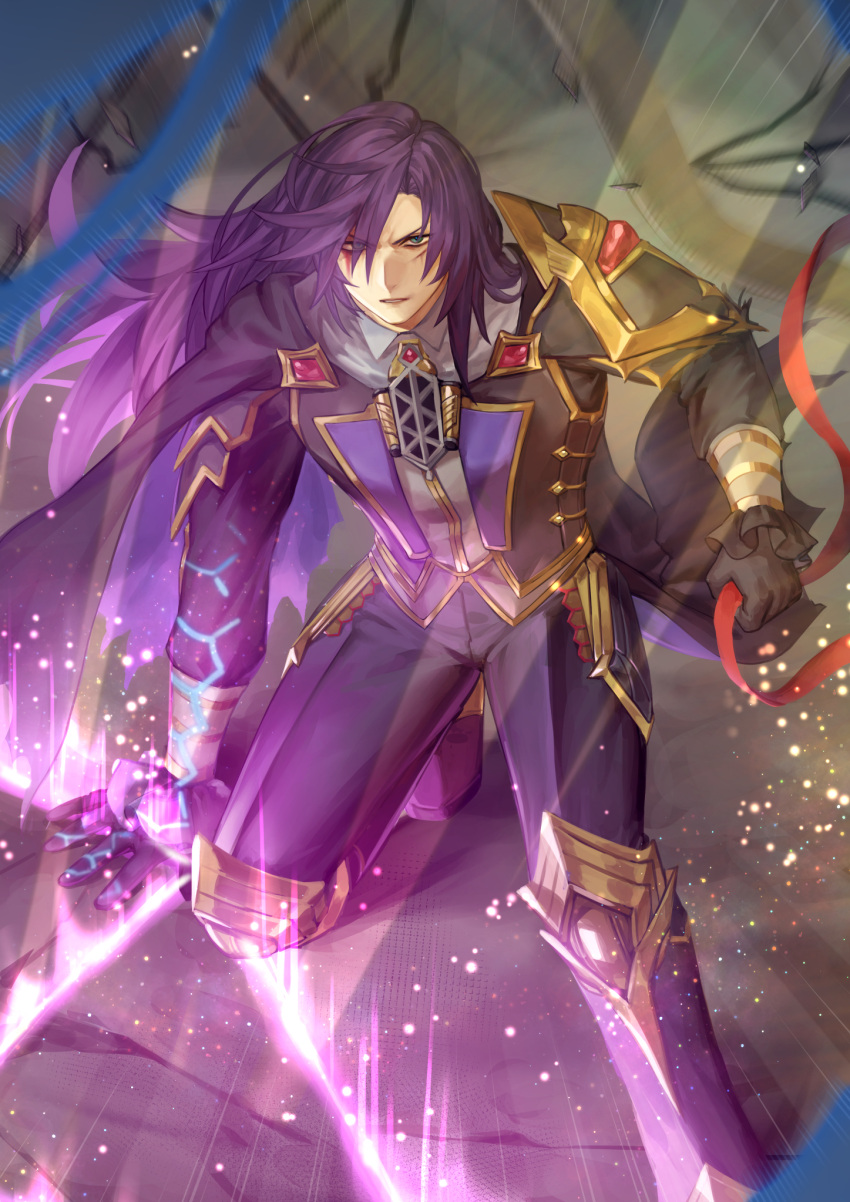 1boy, armor, blood, blood_on_face, boots, cape, commission, duel_monster, full_body, green_eyes, highres, holding, holding_ribbon, knee_pads, long_hair, longirsu_the_orcust_orchestrator, male_focus, ningirsu_(yu-gi-oh!), on_one_knee, pants, purple_hair, ribbon, shoulder_armor, skeb_commission, vulture_(washizu0808), yu-gi-oh!