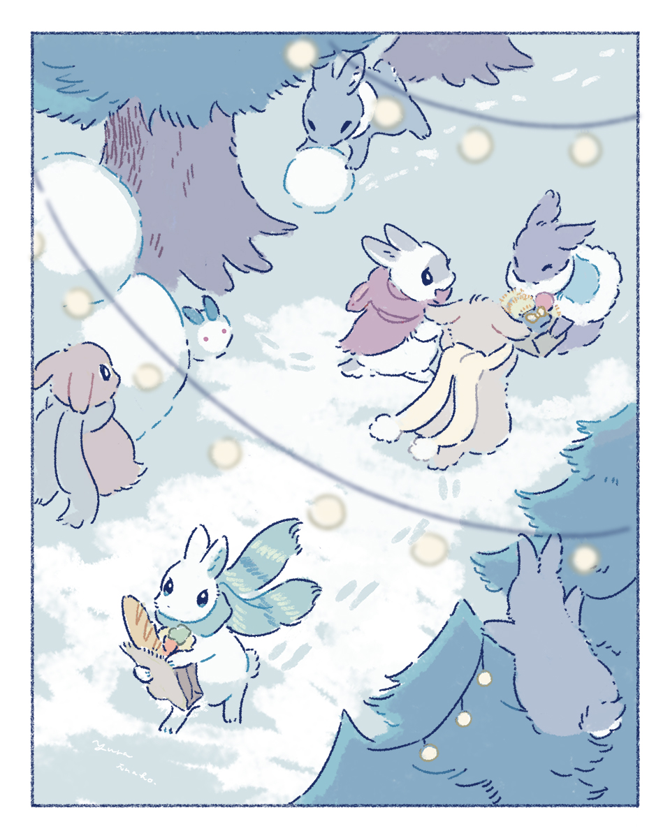 animal, animal_ear_hood, animal_ears, animal_focus, arms_up, bag, black_eyes, black_fur, blue_capelet, blue_eyes, border, bread, breadstick, bright_pupils, brown_fur, capelet, christmas, closed_eyes, day, facing_away, fake_animal_ears, fir_tree, food, footprints, fur-trimmed_capelet, fur_trim, green_scarf, grey_fur, grocery_bag, highres, holding, holding_bag, hood, hooded_capelet, in_tree, looking_at_another, no_humans, original, outdoors, paper_bag, rabbit, red_capelet, scarf, shopping_bag, sitting, sitting_in_tree, snow, snow_rabbit, snowball, snowman, string_lights, striped, striped_scarf, tree, white_fur, white_scarf, winter, yellow_scarf, yurano_(upao)