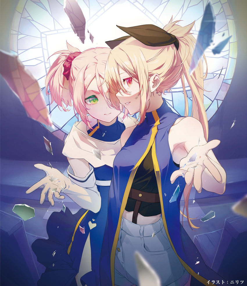 artist_name, black_skirt, blonde_hair, broken_glass, denim, denim_shorts, elbow_gloves, glass