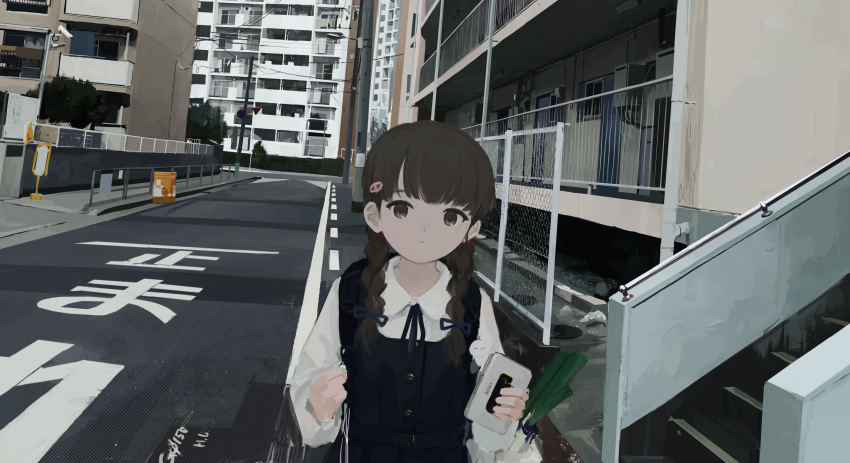 1girl, absurdres, backpack, bag, balcony, blue_dress, blue_ribbon, braid