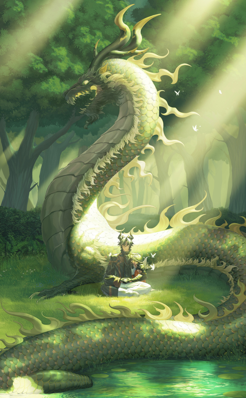 1boy, absurdres, alphax, arknights, black_coat, black_gloves, black_hair, chong_yue_(arknights), closed_mouth, coat, dragon, dragon_horns, forest, gloves, grass, highres, horns, light_frown, light_rays, lily_pad, male_focus, meditation, nature, outdoors, pants, pointy_ears, ripples, short_hair, sitting, tattoo, tree, water, white_pants
