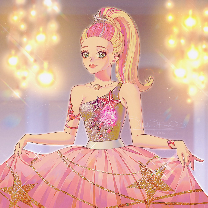 barbie_(character), barbie_(franchise), barbie_movies, barbie_starlight_adventure, blonde_hair, blurry, bokeh, bracelet, breasts, curtsey, depth_of_field, dress, formal, glitter, glitter_dress, glitter_in_hair, glowing, glowing_clothes, glowing_dress, gown, green_eyes, hair_ornament, highres, holding, holding_clothes, holding_skirt, jewelry, light_up_dress, long_hair, medium_breasts, multicolored_hair, necklace, okitafuji, pink_dress, pink_hair, pink_lips, ponytail, science_fiction, silver_shirt, skirt, sparkle, star_(symbol), star_bracelet, star_hair_ornament, star_print, streaked_hair, tulle_skirt, updo