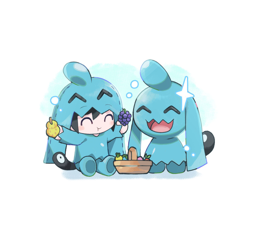 1girl, :d, :t, ^_^, arms_up, aspear_berry, basket, berry_(pokemon)