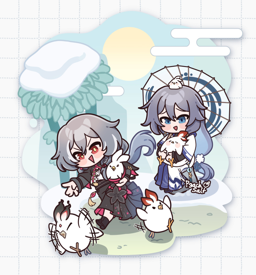 2girls, absurdres, animal, bird, black_skirt, black_sleeves, blue_eyes, chicken