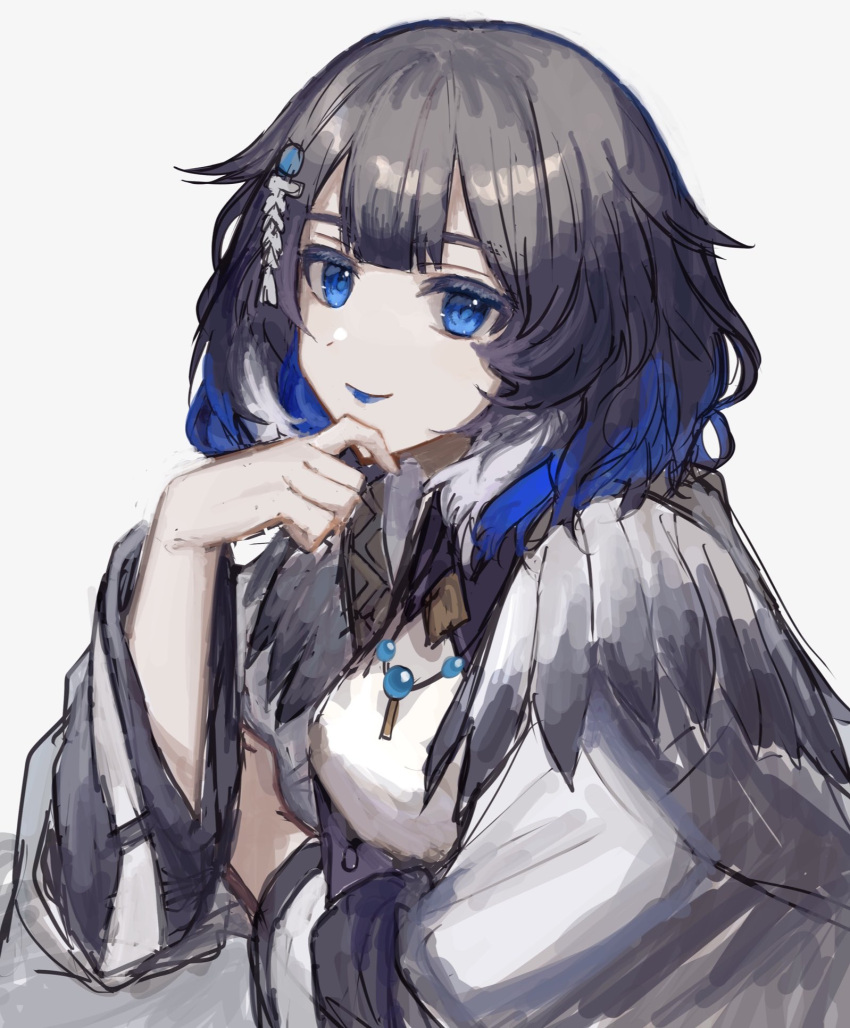 1girl, arknights, asahi_(abc123lkb), black_hair, blue_eyes, blue_hair, blue_lips, feather_trim