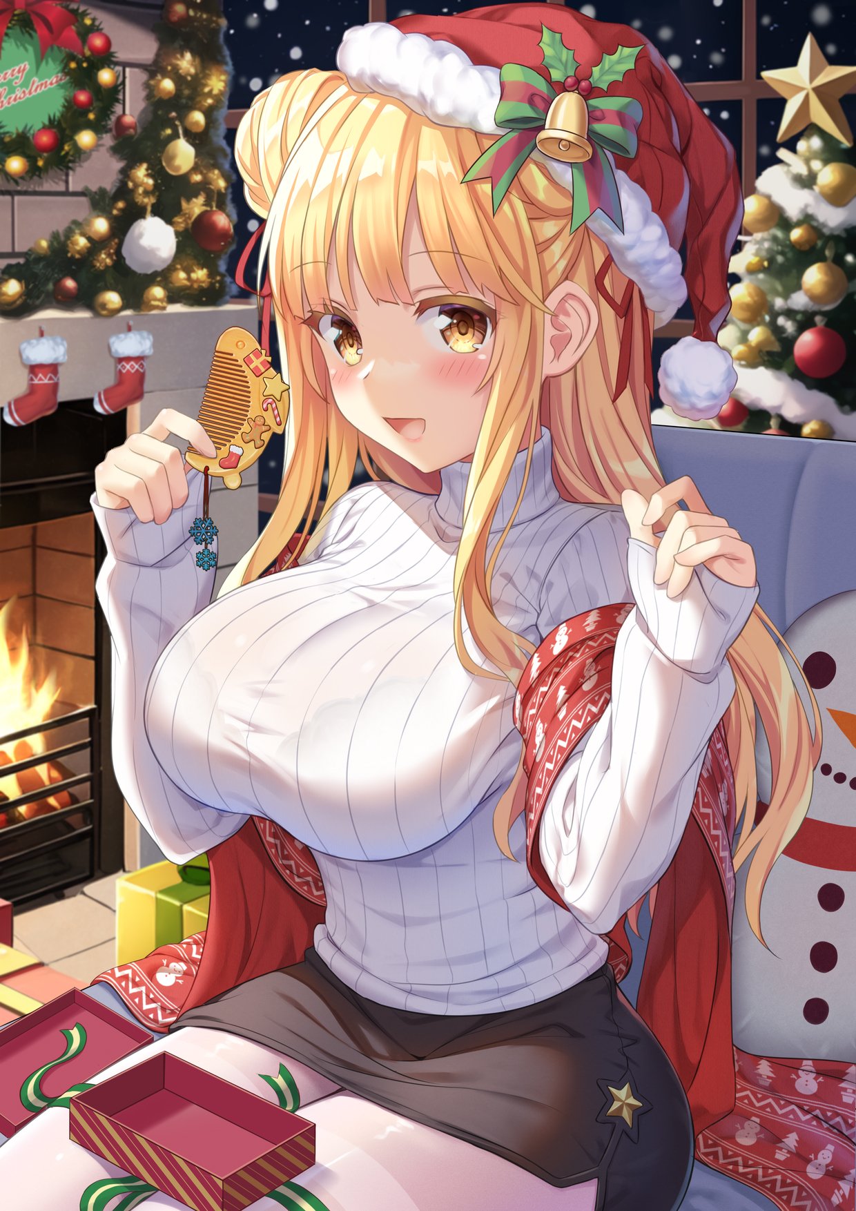 1girl, alternate_breast_size, bell, black_skirt, blonde_hair, blush, box, breasts, christmas, christmas_ornaments, christmas_star, christmas_tree, comb, date_a_live, fireplace, gift, gift_box, hair_bun, hat, highres, hoshimiya_mukuro, huge_breasts, indoors, large_breasts, long_hair, long_sleeves, looking_at_viewer, merry_christmas, open_mouth, red_headwear, red_scarf, ribbed_sweater, santa_hat, scarf, sitting, skirt, smile, snowman, socks, solo, star_(symbol), sweater, thigh-highs, tsubasaki, turtleneck, turtleneck_sweater, white_sweater, white_thighhighs, yellow_eyes