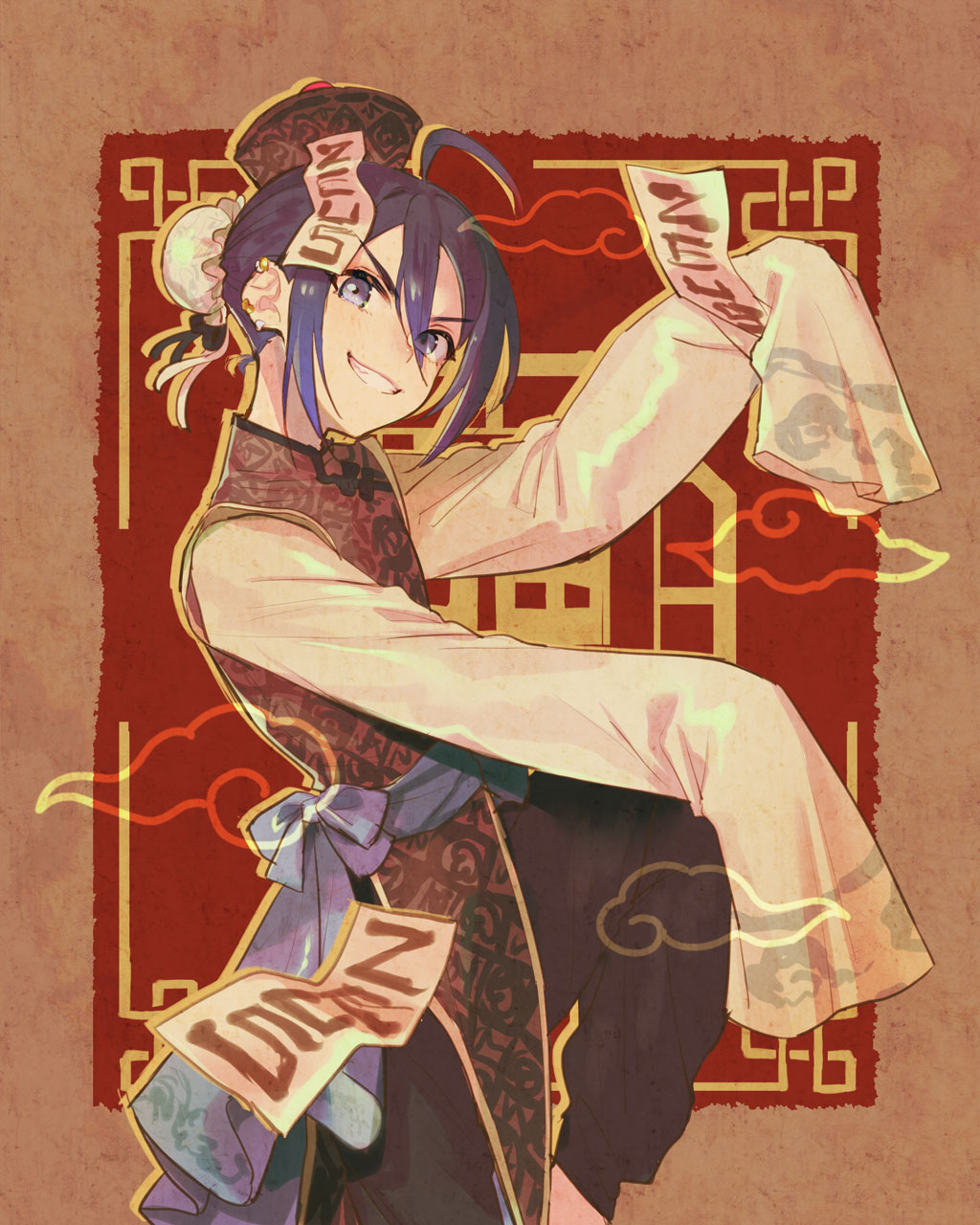 1boy, black_pants, blue_eyes, blue_hair, bun_cover, chinese_clothes, commentary_request, earrings