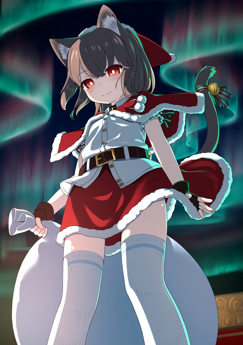 1girl, absurdres, animal_ears, aurora, belt, brown_hair, capelet, cat_ears