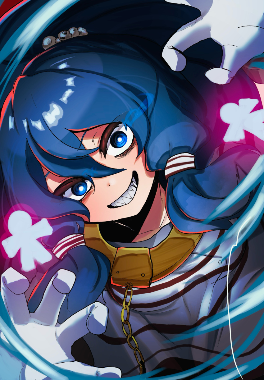 1girl, blue_hair, chain, claw_pose, crazy_eyes, cuffs, gloves, gold_chain