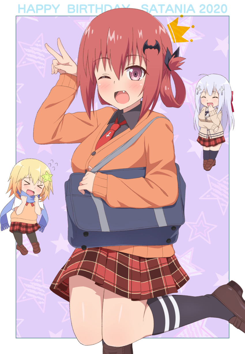 >_<, 3girls, :d, ;d, bag, bat_hair_ornament, birthday, blush