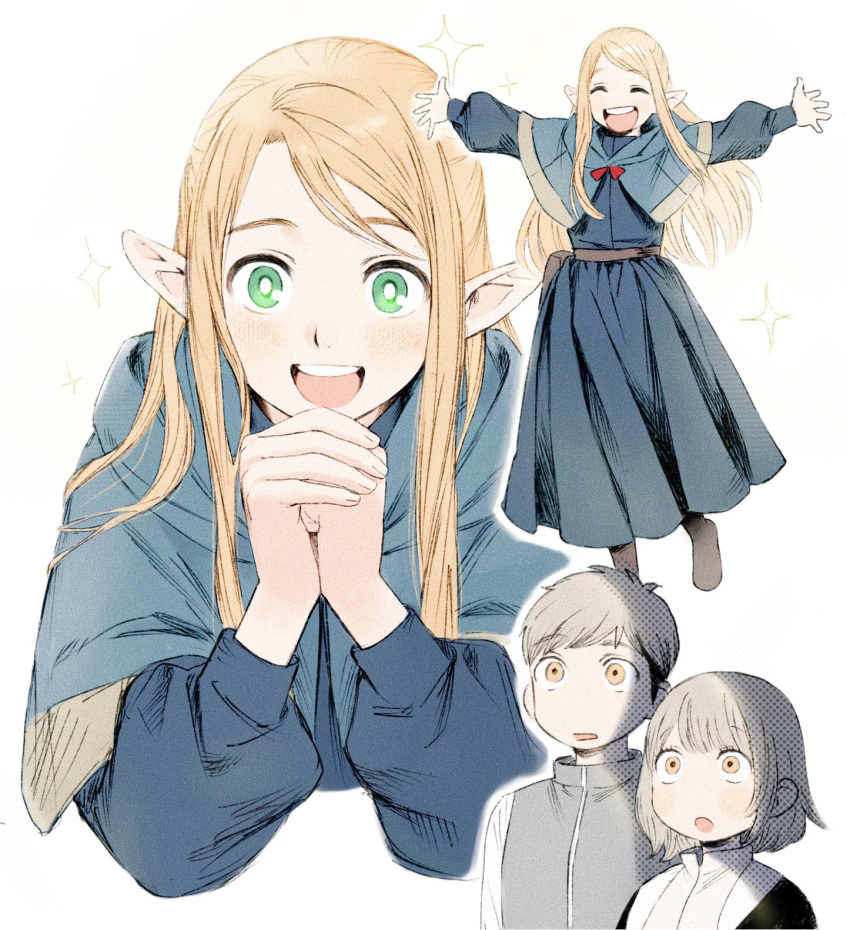 1boy, 2girls, :o, blue_robe, closed_eyes, dungeon_meshi, elf, falin_thorden, frs2, green_eyes, hands_up, highres, laios_thorden, long_hair, long_sleeves, looking_at_viewer, marcille, multiple_girls, multiple_views, open_mouth, outstretched_arms, own_hands_together, pointy_ears, robe, short_hair, smile, spread_arms, white_background