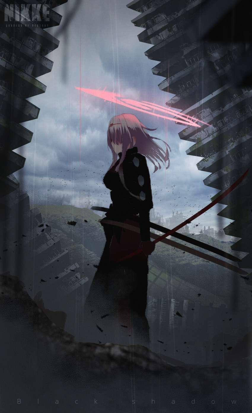 1girl, absurdres, black_bodysuit, bodysuit, breasts, clouds, copyright_name, dual_wielding, goddess_of_victory:_nikke, halo, highres, holding, holding_sword, holding_weapon, katana, kotha_art, large_breasts, long_hair, rain, ruins, scarlet_(black_shadow)_(nikke), scarlet_(nikke), solo, standing, sword, weapon, white_hair